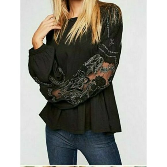 Free People Embroidered Penny Tee Shirt Top S Lace - Picture 3 of 7